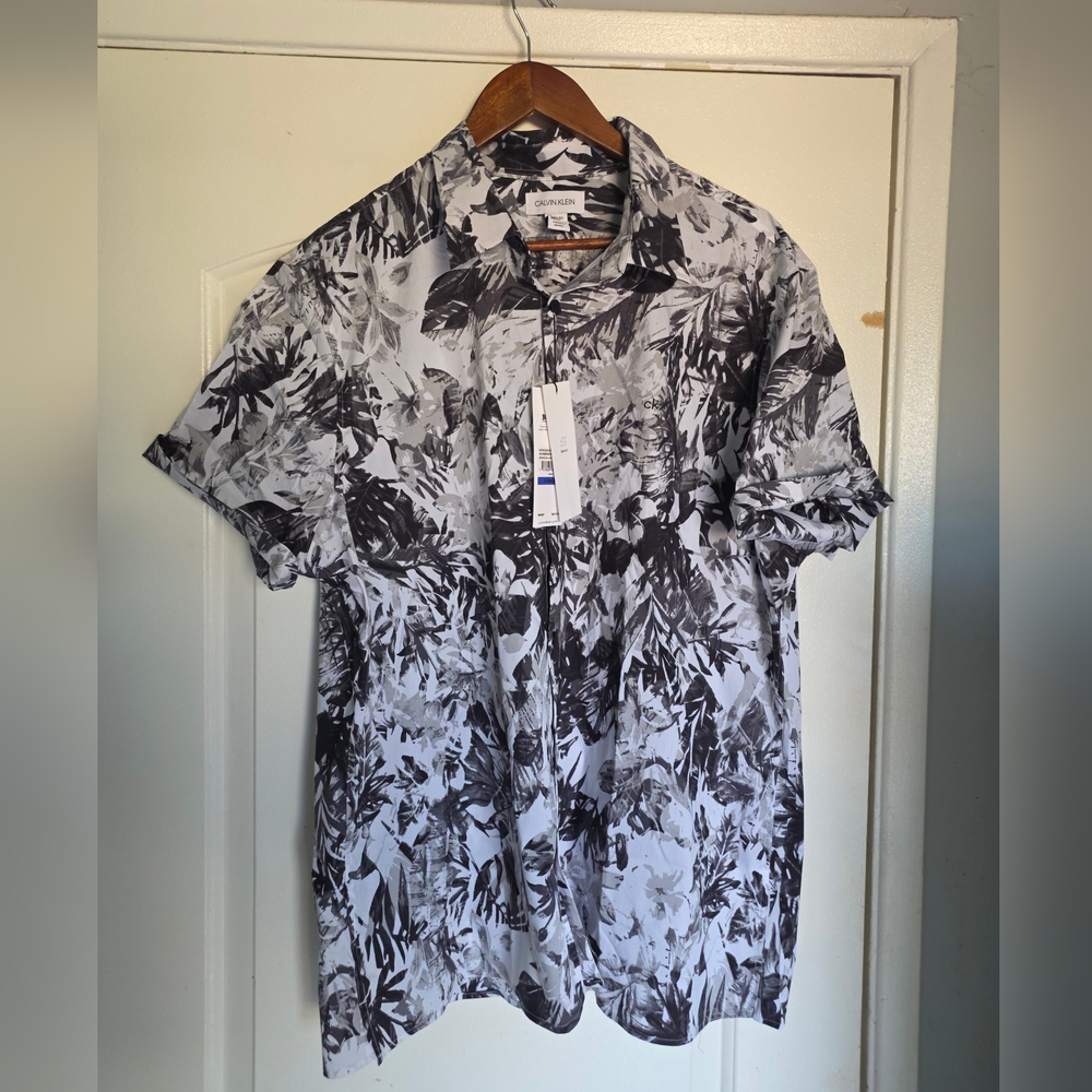 Men's Calvin Klein Casual Button Down Shirt Tropical XL Black White Stretch